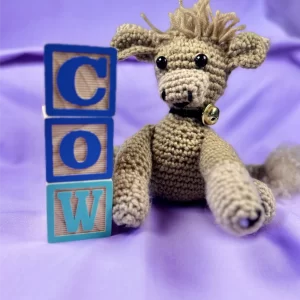 Handmade Crochet Cow Plushie – Tan Amigurumi Stuffed Animal with Bell Collar