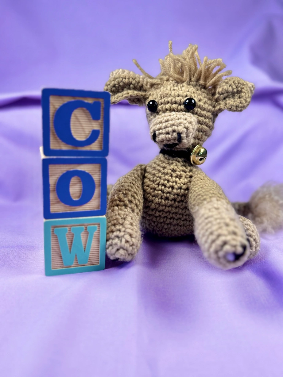 Handmade Crochet Cow Plushie – Tan Amigurumi Stuffed Animal with Bell Collar